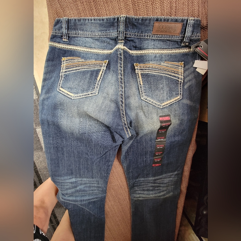 Rock & Roll Cowgirl Women's Blue Boot Cut Jeans 34x 32 Inseam